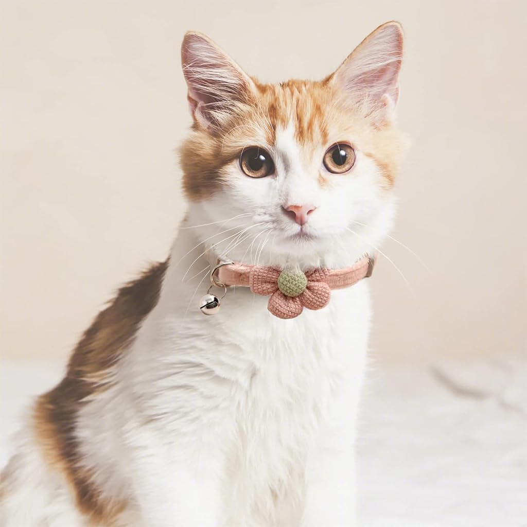 Qpets Cat Collar Set 8PCS Adjustable 19–32cm with Crochet Flower and Silver Bell | Gift for Cat Lovers