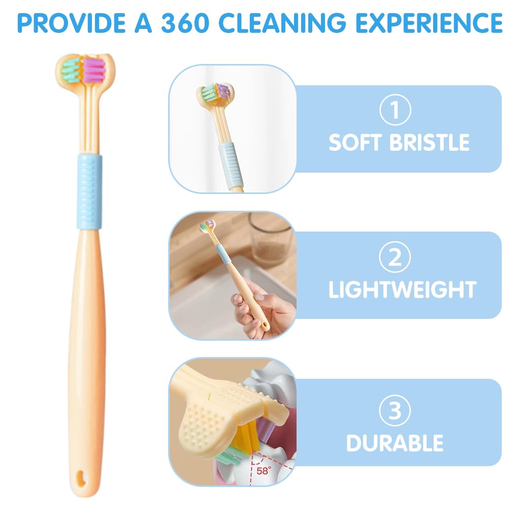 HANNEA Toothbrush for Kids 3 Pcs with Multi Sided Soft Bristles and Tongue Scraper | Gentle Dental Care