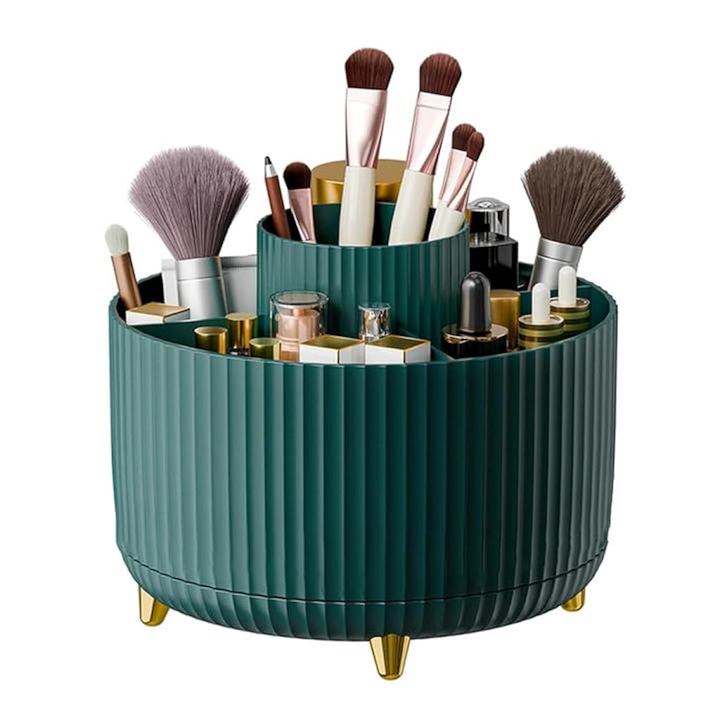 ZIBUYU® 360 Degree Rotating Makeup Brush Organizer 5 Compartment Desk Storage for Cosmetics Stationery Dressing Makeup Organizer Stand 15x15x12cm, Green