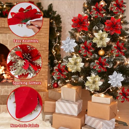 HASTHIP® 24PCS Christmas Poinsettias 5.5 inches Glittering Artificial 4 Designs Golden Red Flowers Home Decor