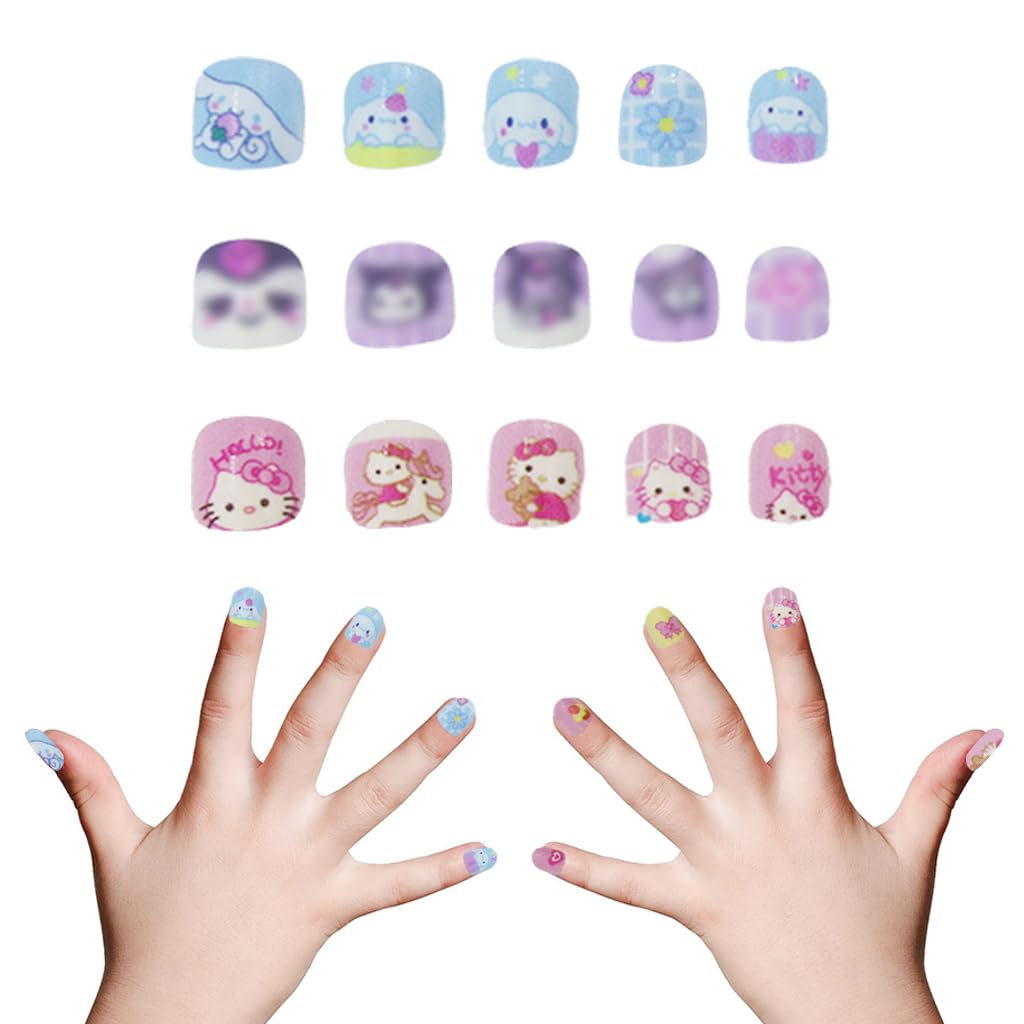 MAYCREATE Kids Press On Gel Nails 24pcs for Parties and DIY Fun with ABS Material | Cute Kitten Design Gift Set