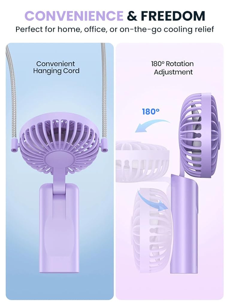 Verilux® USB Handheld Fan Mini Desk Fan Neck Fan with Detachable Neck Strap 3 in 1 Variable  USB Cordless 5000mAh Portable Pocket Cooling Fan for Travel, Hiking, Office, Purple