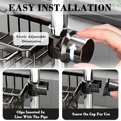 HASTHIP® Kitchen Sink Organizer Dish Sponge Holder for Sink Faucet Drain Rack with Pull-out Drip Tray Kitchen Accessories Holder Metal Wire Aluminum Faucet Organzier Storage Rack Mop Holder