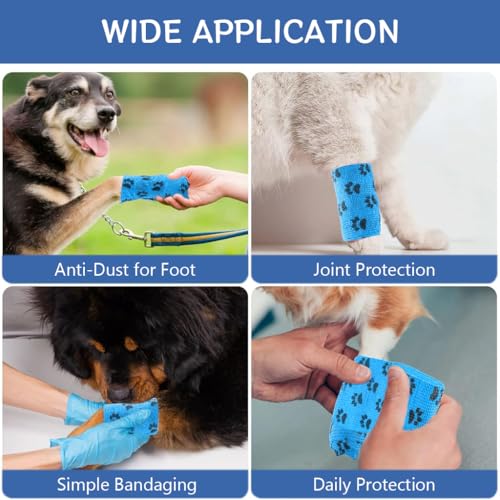 Qpets® 18PCS Dog Bandages Self-Adhesive Pet with Cute Paw Print Design Waterproof Non-Woven Cat Injury Recovery Wrap Lick-Proof Breathable 10x5.4cm Total Length 4.5M