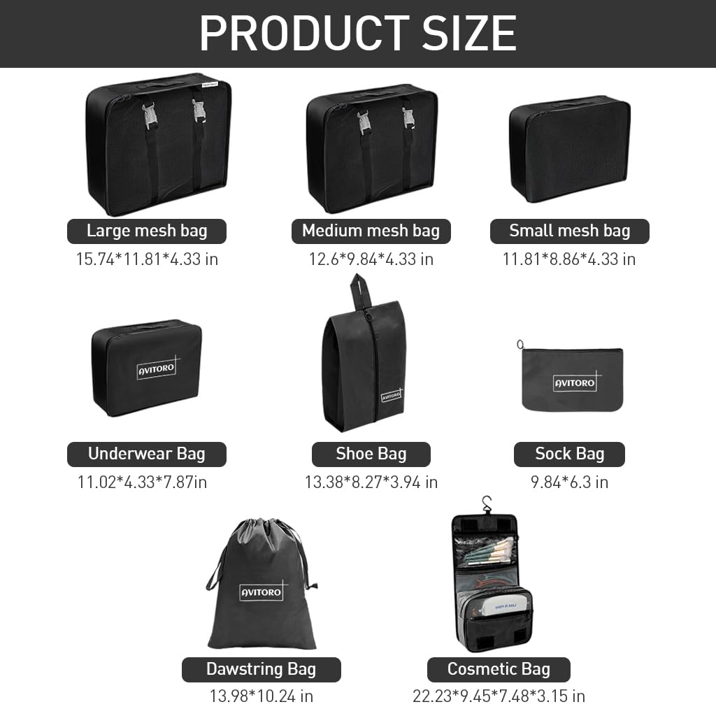 MAYCREATE Travel Organizer Packing Cubes 8 Pcs Set with Mesh Cover Bags and Laundry Bag | Lightweight Polyester Luggage Organizers
