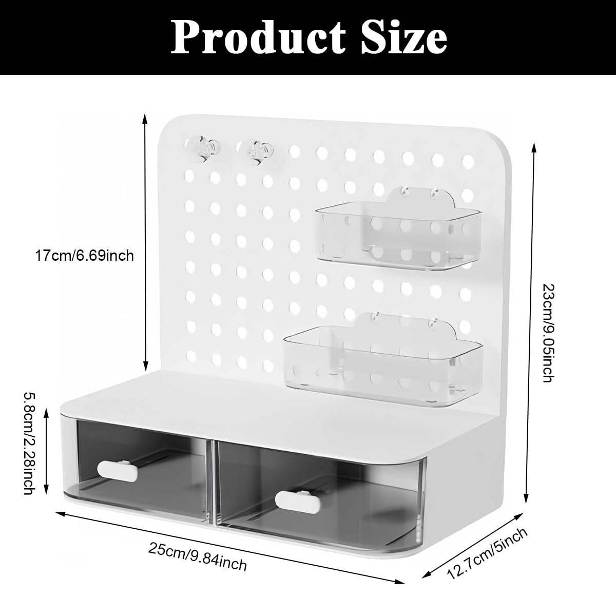 OFIFO Desk Organiser for Study Table with Dual Transparent Drawers 9.8 x 5 x 9 in | Customisable Pegboard Storage