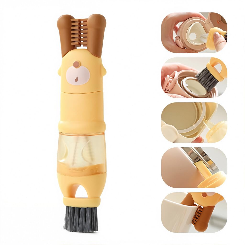 5 in 1 Baby Bottle Cleaning Brushes for Travel with Silicone Rim Tools & Stain Cleaner | Cartoon Design