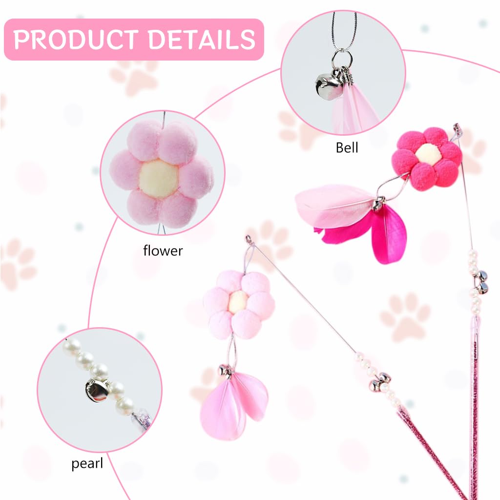 Qpets® Pet Toys for Cats, 2PCS Interactive Cat Toys for Persian Cat, Pink Cat Teaser Toy for Cats to Play Flower Feather Wands with Bell Feather Stick Teasing Toy