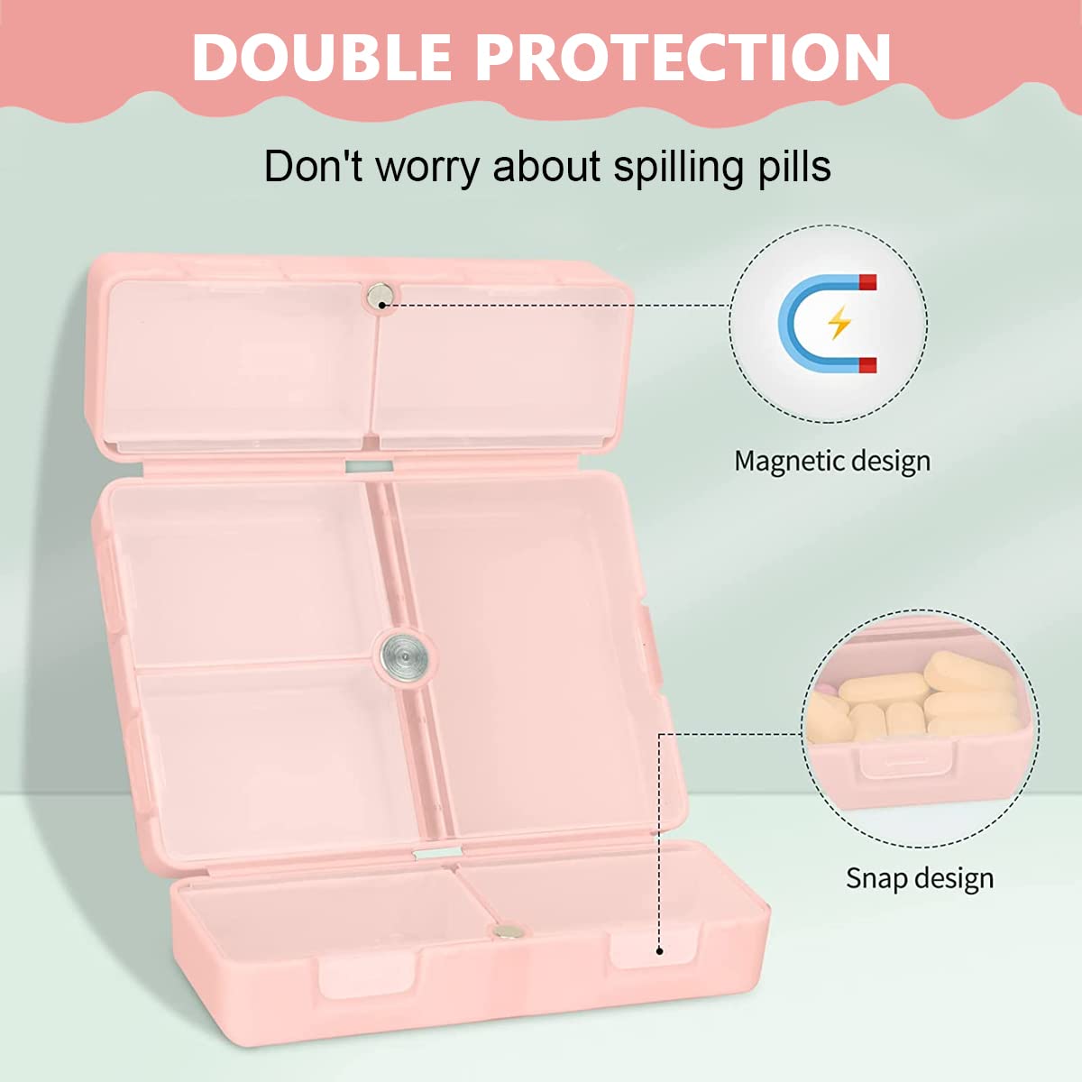 HANNEA® Pill Medicine Organizer Storage Box with 7 Compartments, Folding Design, Moisture-Proof Pill Box for Vitamin, Medicine, Pills, Supplements Holder Container, Pink