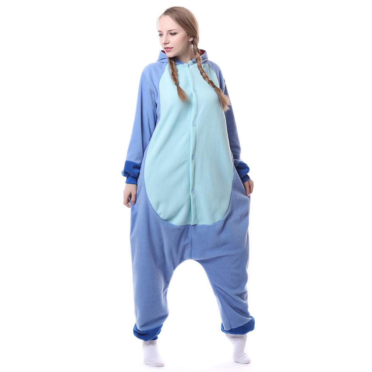 HASTHIP® Sleeping Pajamas for Teens & Adults Cute Stitch Flannel Sleeping Pajamas Stitch Cosplay Hoodie Pajamas Sleeping Pajamas Soft Plush Sleeping Pajamas for Sleepovers Pajamas Party, M