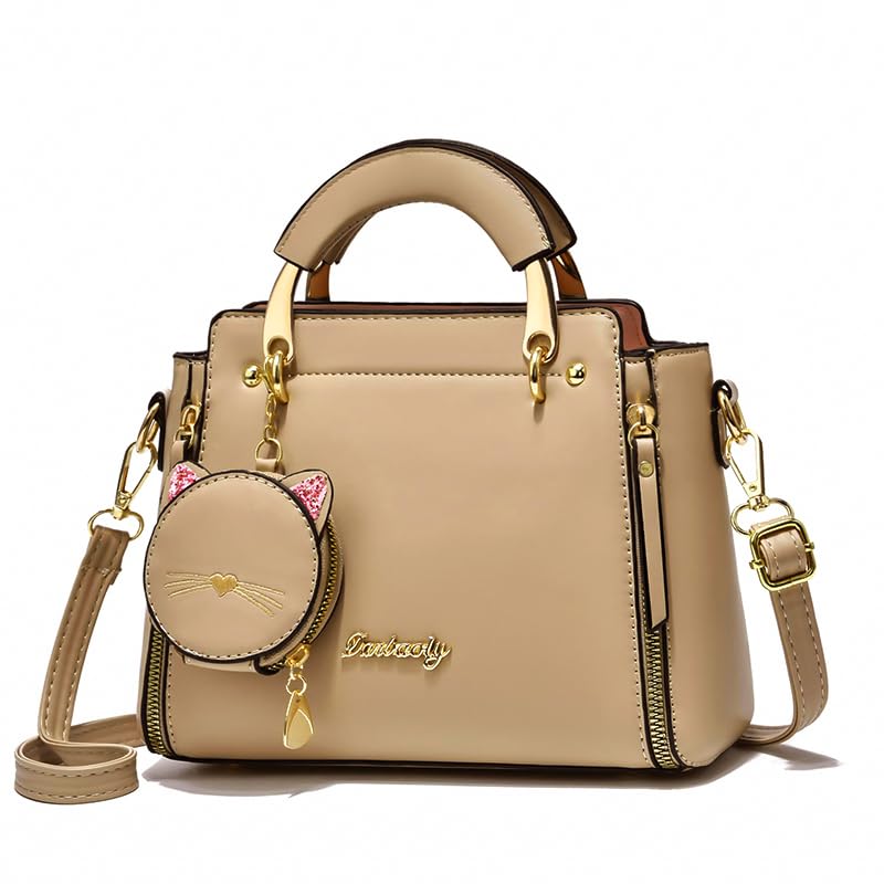 ZIBUYU® Hand Bag for Women Stylish PU Small Tote Bag with Detachable Strap & Cat Ear Pouch, Crossbody Shoulder Bag for Daily Use (Coffee, 24x10x18cm)