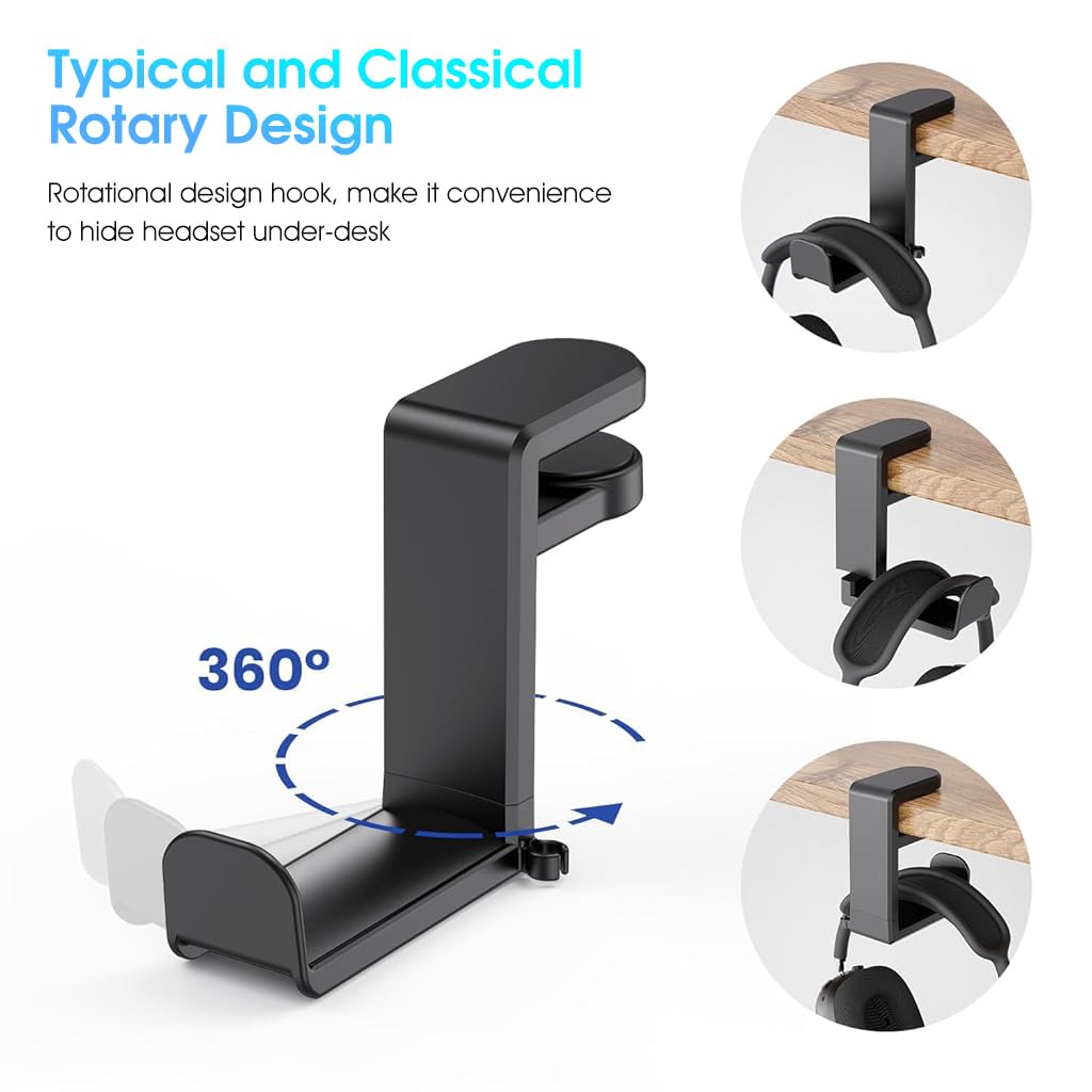 ZORBES® Underdesk Headphone Holder 360° Rotatable Headphone Hanger with Cable Slot Adjustable Clip-on Desk Headphone Hook Universal Underdesk Organizer Hook for PC Desk, Office Desk