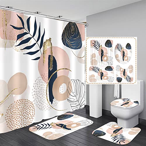 HASTHIP 4Pcs Bathroom Shower Curtain With Boho Leaf Print - Waterproof Curtain, Toilet Cover, Bathtub & Absorption Foot Mat Combo For Modern Bathroom Décor, Universal Fit, Durable & Stylish Supplies