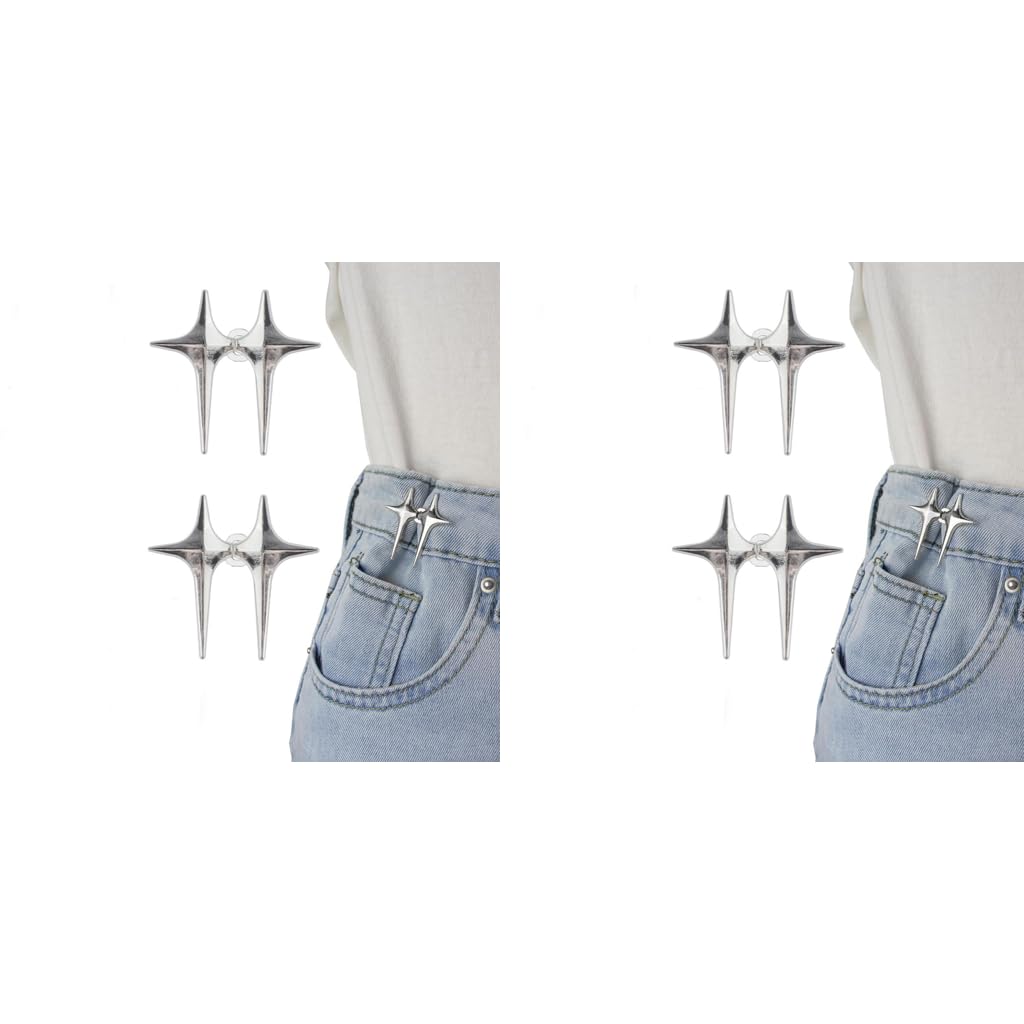 SANNIDHI Adjustable Waist Button for Pants and Jeans | 2 Pairs Silver Star No Sewing Clips