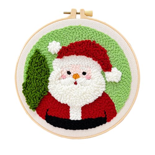 HASTHIP® DIY Santa Claus Punch Needle Art Kits, Festive Activity for Kids & Adults, Easy and Fun Punch Needle Gift Desk Decor, with Yarn, Pre-Paints Canvas, Embroidery Hoop, Step by Step Tutorial