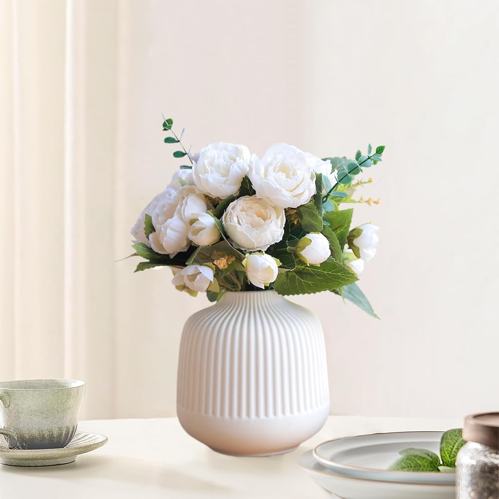 HASTHIP Flower Vase for Living Room featuring 5.5 in Short Ribbed Design and White Finish