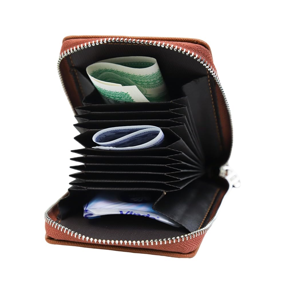 ZIBUYU Card Wallet for Women and Men with 9 Card Slots and ID Window | Brown PU Leather