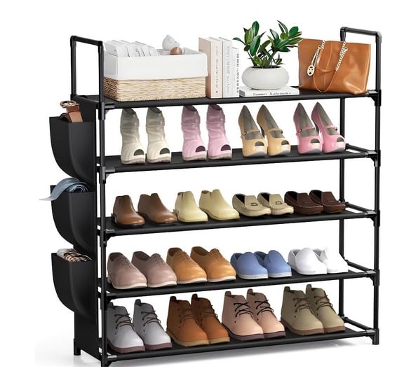 HASTHIP® 5Tier Shoe Rack, Shoe Organizer Storage for Shoe and Boot, Long Shoe Shelf with Hook and Side Pocket Free Standing Tall Shoe Rack Organizer for Closet