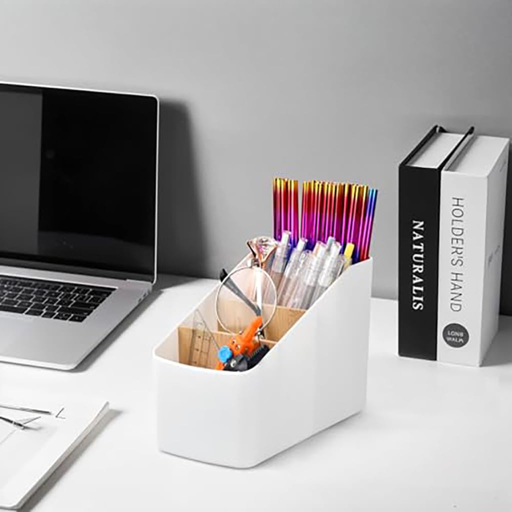 Zibuyu Storage Box Organizer for Desk and Home with 4 Compartments | White Plastic Design
