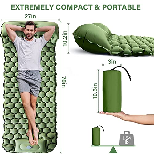 Optifit® Air Mattress with Pillow and Built-in Foot Pump Portable Folding Inflatable Sleeping Bed for Backpacking Hiking Traveling Tent Car Camping Accessories Single Nylon Green 2PCS