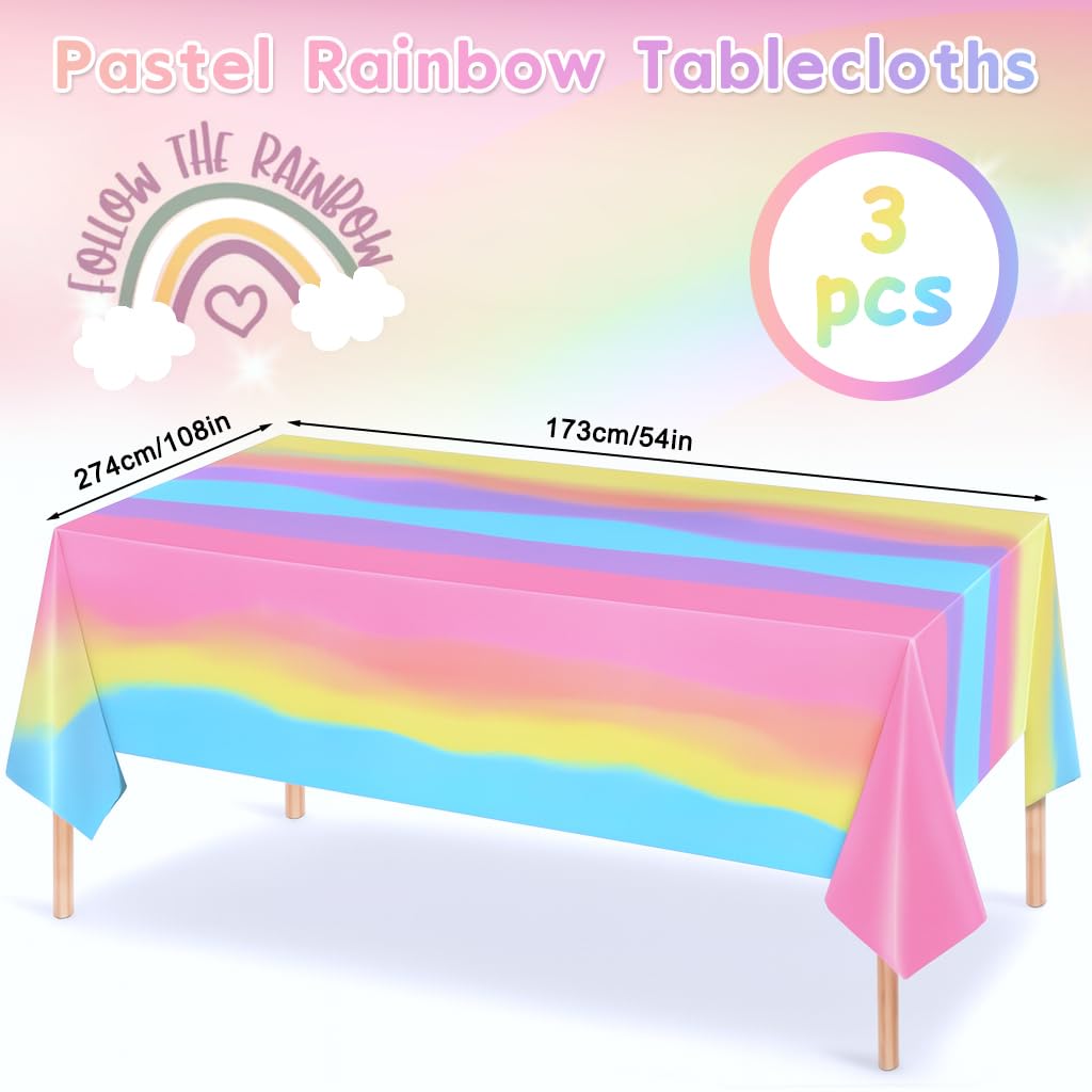 Zibuyu Plastic Tablecloth for Parties with Waterproof Surface 3 Pack 54x108 in | Rainbow Gradient Design