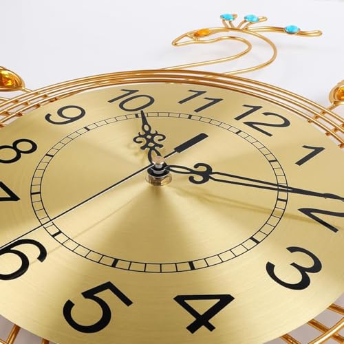HASTHIP 15 Inch Golden Peacock Metal Art Clock for Home Décor - Silent Non-Ticking Retro Roman Wall Clock for Living Room, Bedroom, Office, Battery Operated (Without Battery)