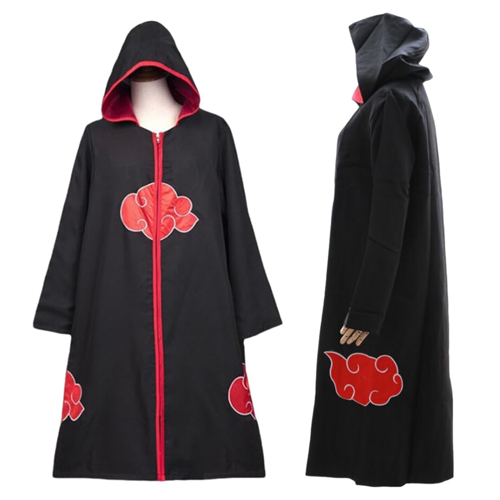 Venzina Hooded Akatsuki Cloak Itachi Uchiha Cosplay Costume for Party and Halloween | Includes Cloak Headband Ring Kunai Necklace Set for Height 165–170 cm