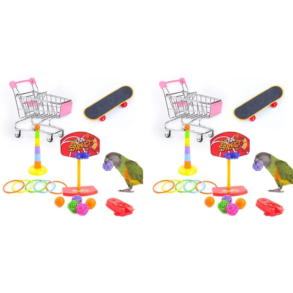 Qpets Bird Toys Set for Parrot Training with Mini Basketball Hoop and Skateboard | 14PCS