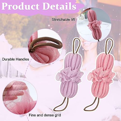 MAYCREATE® Bath Shower Loofah Sponge, 2 Pack Long Stretch Back Sponge Exfoliating with Rope Handles, Back Scrubber for Shower Body Scrub Stretch Loofah for Women and Men (Purple+Pink)