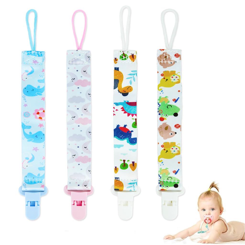 SNOWIE SOFT® 4pcs Anti Lost Pacifier Chain Strap Pacifier Clip for Toddlers Cartoon Fabric Pacifier Clip Strap for Soother, Teether, Toy, Pacifier Anti Lost Baby Pacifier Attaching Strap