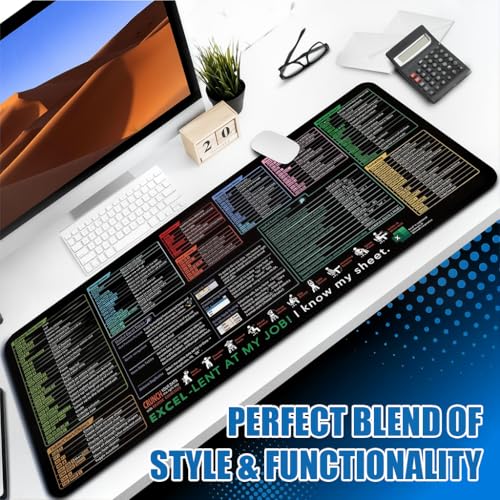 ZORBES® Excel Shortcut Keys Mouse Pad, Extended Size Cheat Sheet Gaming Mousepad PC Office Spreadsheet Keyboard Mat Non-Slip Stitched Edge Rubber Base Computer LaptopKeyboard Mouse Pad, 40x90x0.3cm
