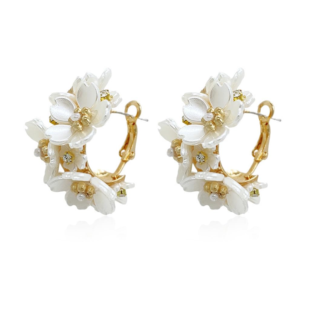 ZIBUYU Earrings for Girls featuring White Flower Hoop Design with Gold Accents | Lightweight Acetate Jewelry for Women