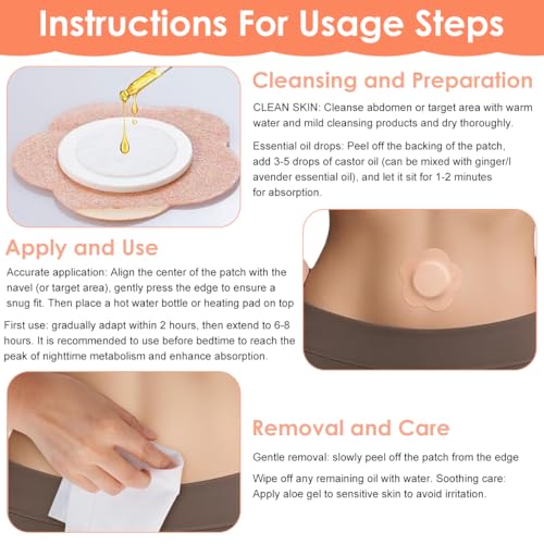 HANNEA® 60PCS Castor Oil Pack Wrap for Belly Button Self-Adhesive Pads Organic Spunlace Cloth Highly Absorbent Cover Compress Patches with Cotton Beige Oil Not Included