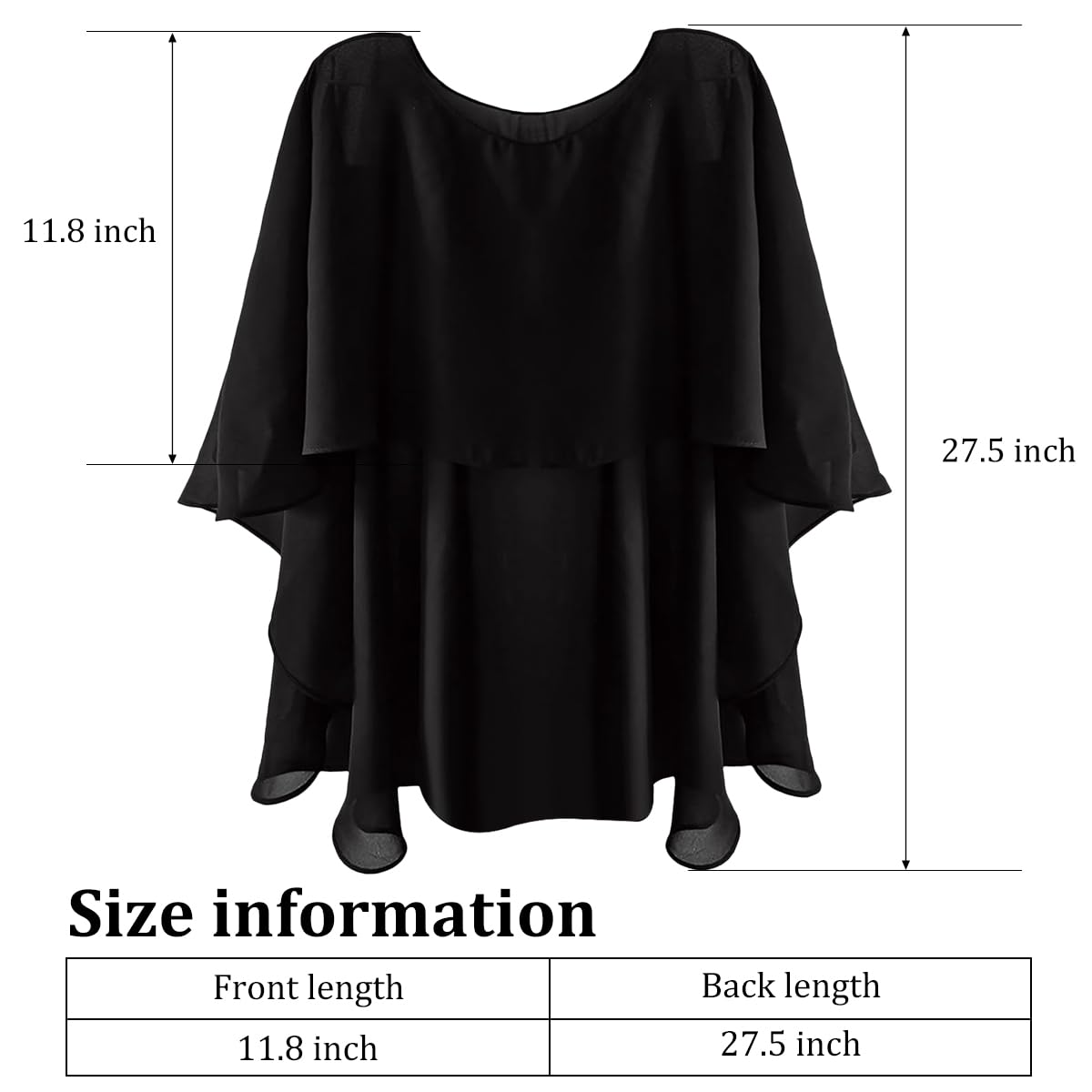 Venzina Chiffon Shawl Wrap for Evening Dresses with 11.8–27.5 in Coverage | Black Capelet