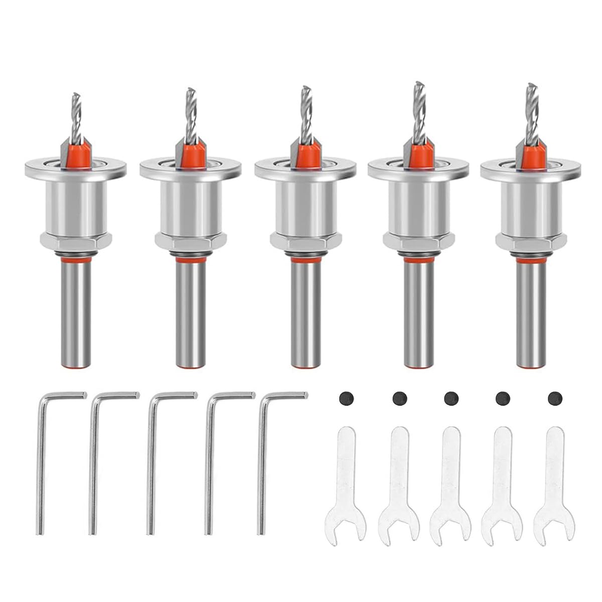 Serplex® 5Pcs Carbide Tipped 90° Countersink with Adjustable Low Friction Depth Stop Multifunctional Round Shank Bore Woodworking Drill Bit Taper Drill Bit Counterbore Drill Bit Wood Working Tools