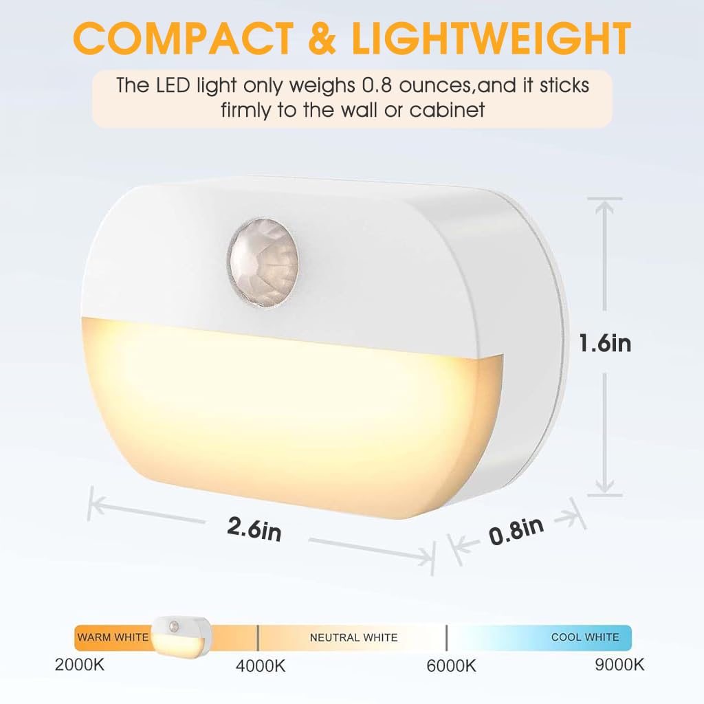 ELEPHANTBOAT® 2Pcs Motion Sensor Light for Home, Small LED Wall Lights Warm Night Lights, Cordless Battery Operated Step Night Light Wall Light for Stairs Hallway Kitchen Cabinet