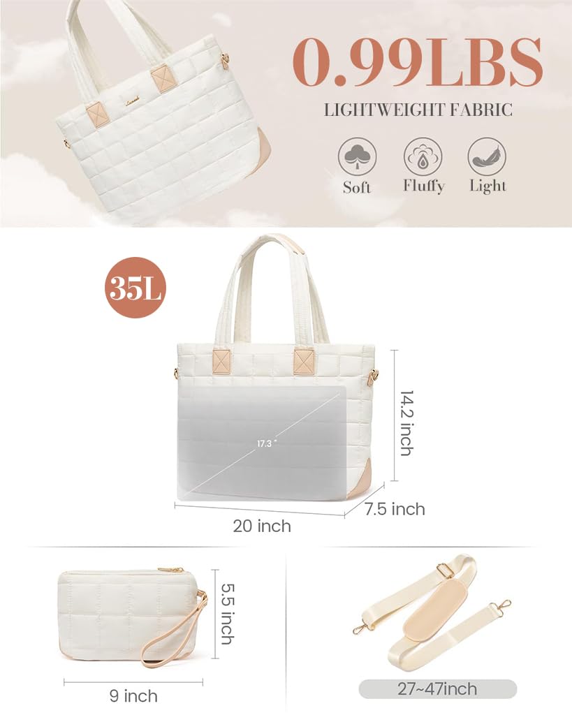 PALAY Tote Bag for Women with 15.6 in Laptop Compartment featuring Removable Strap | White Quilted Style