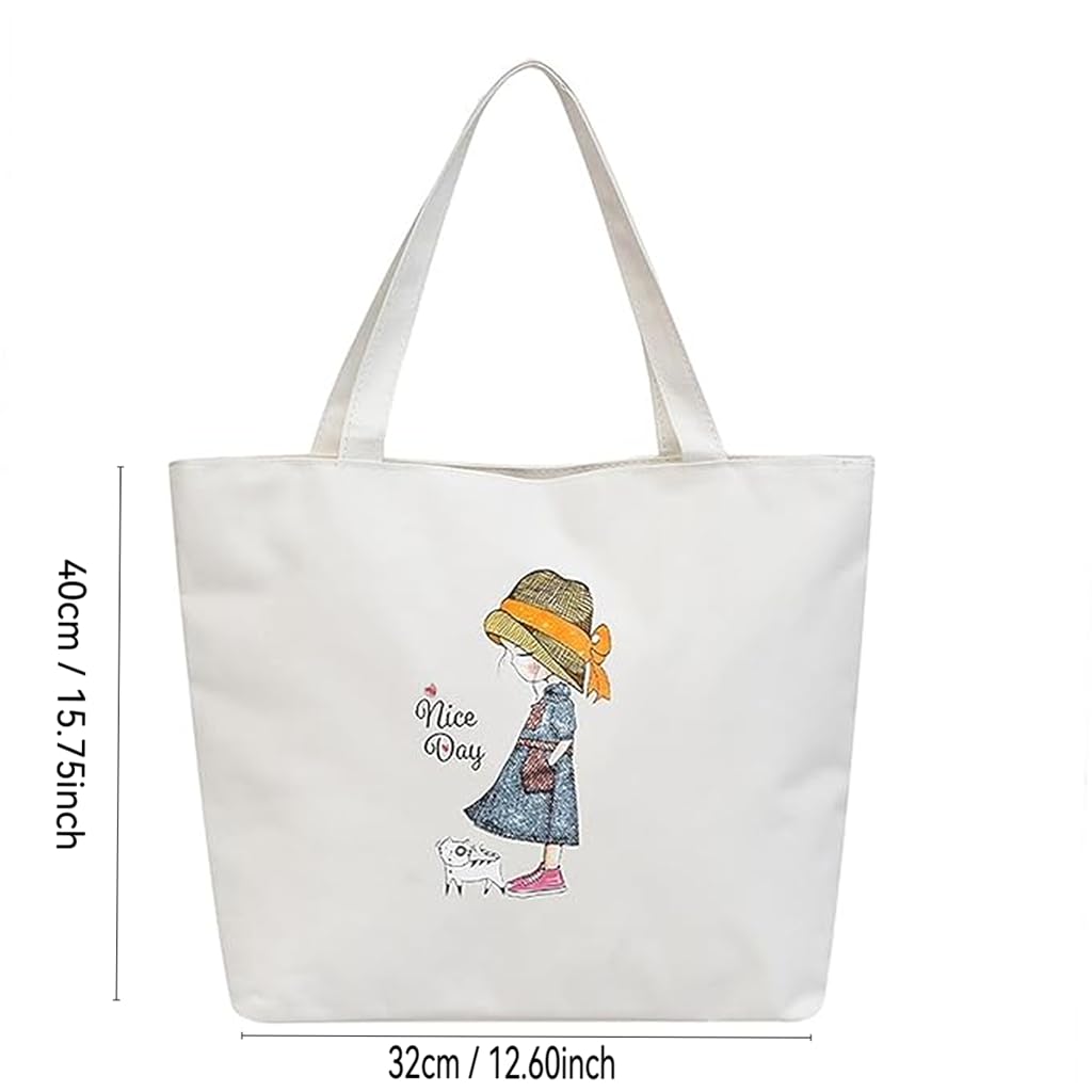 Zibuyu Cotton Canvas Tote Bag for Shopping and College with Graphic Print | Foldable & Washable White Bag for Women