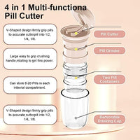 HANNEA® Pill Box with Tablet Cutter and Grinder Travel Pill Cutter with Drinking Cup 4 in 1 Tablet Cutter with Two Built-in Pill Box for Large Pills, Vitamins, Cod Liver Oil, Supplements, Medication