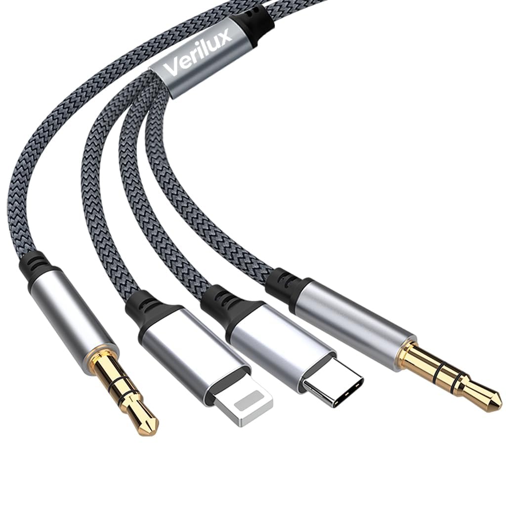 ZEITEL 3 in 1 Car Aux Cable for Stereo and Headphones with 1.5m Nylon Braid | USB C Lightning 3.5mm Connectors