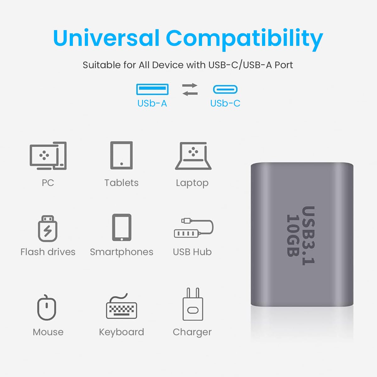 Verilux USB C Female to USB Female Adapter for Laptops and Tablets featuring 10Gbps Data Transfer & 20W OTG Charging | Compact Plug and Play Connector