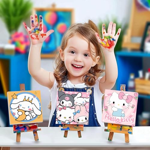 HASTHIP® Pack of 4 DIY Oil Painting Kit, Paint by Numbers with Frame, Kawaii Cartoon Oil Art Painting Wall Hanging DIY Canvas Painting with Painting Tool Kit Wall Decoration DIY Gift 7.8x7.8inch