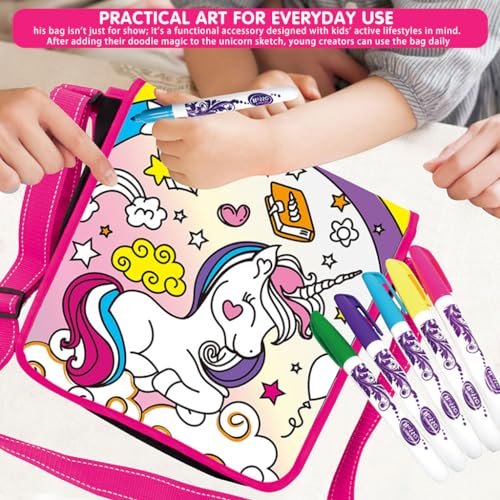 PATPAT® DIY Unicorn Crossbody Bag Kit Coloring Unicorn Print Bag Kit with 5 Color Pens Paint Your Own Doodle Unicorn DIY Messenger Bag with Adjustable Strap Gift for Girls Ages 6-9