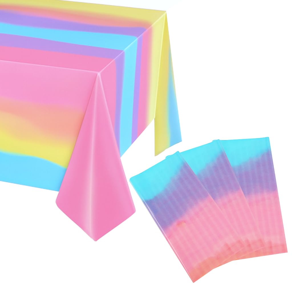 Zibuyu Plastic Tablecloth for Parties with Waterproof Surface 3 Pack 54x108 in | Rainbow Gradient Design