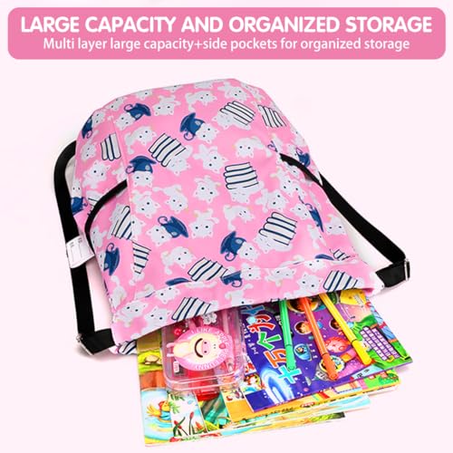 PALAY® Drawstring Backpack Kids Drawstring Bags Pink Cartoon Print Nylon Drawstring Backpack with Adjustable Shoulder Strap Girls Waterproof Nylon Travel Backpack Swimming Bag Activitiy Bag