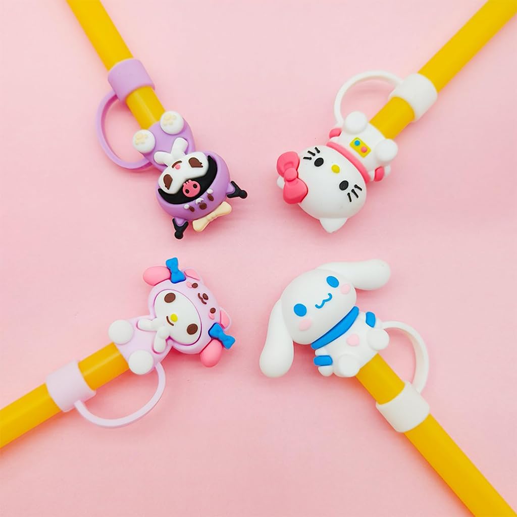 HASTHIP® 4Pcs Kawaii Straw Lids Sanrio Series Drinking Straw Lids Anti-lost Kids Straw Lids Universal 10mm Straw Lids Straw Cap for Stainless Steel Straw, Straight Straw, Curved Straw, Glass Straws