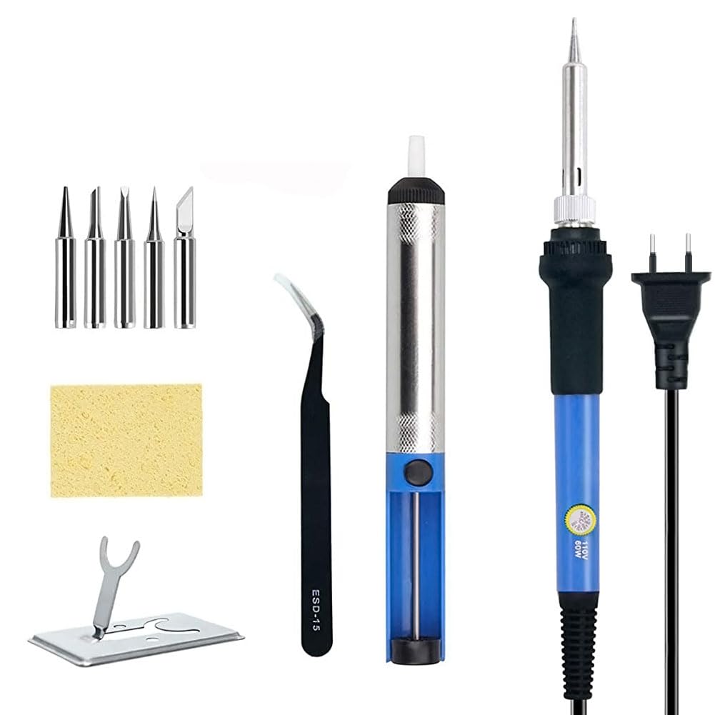 Serplex® Soldering Iron Kit, 110V 60W Adjustable Temperature Soldering Kit Electric Soldering Kit Set Welding Tools with 5pcs Different Tips, Stand, Tweezers, Sponge, Flux Pen, Soldering Wire (11Pcs)