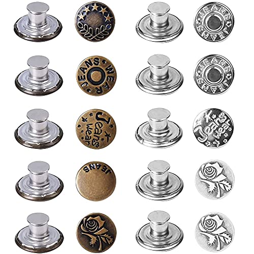 HASTHIP® 13pcs Detachable Buttons for Jeans, Instant Pants Waist Button Pins, Adjustable Button for Jeans Replacement, Metal No Sew Tightener, Reduce Big Pants Waist - Snap Tack, 17mm