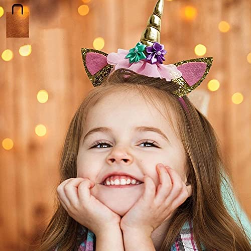 PATPAT Unicorn Party Birthday Girls Set with Gold Glitter Horn Headband and Pink Sash