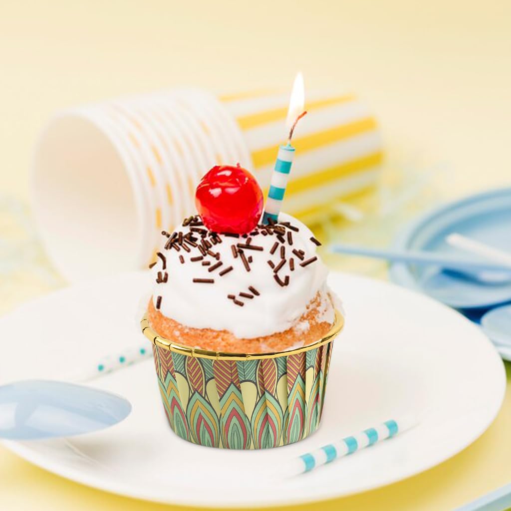 HASTHIP Cupcake Liners 50Pcs 3Oz for Weddings and Parties with Mandala Print and Golden Interior